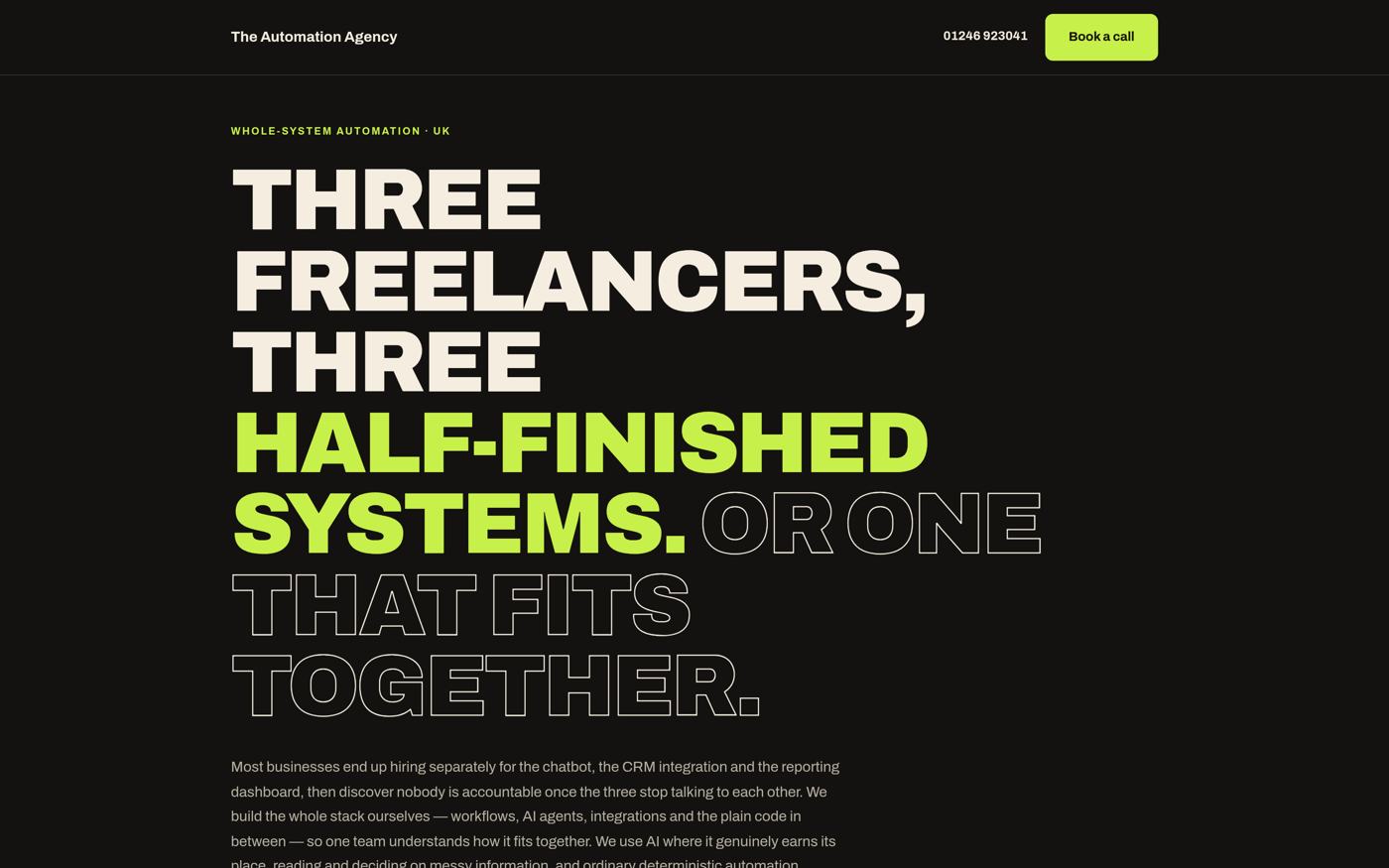 The Automation Agency homepage — Three freelancers, three half-finished systems