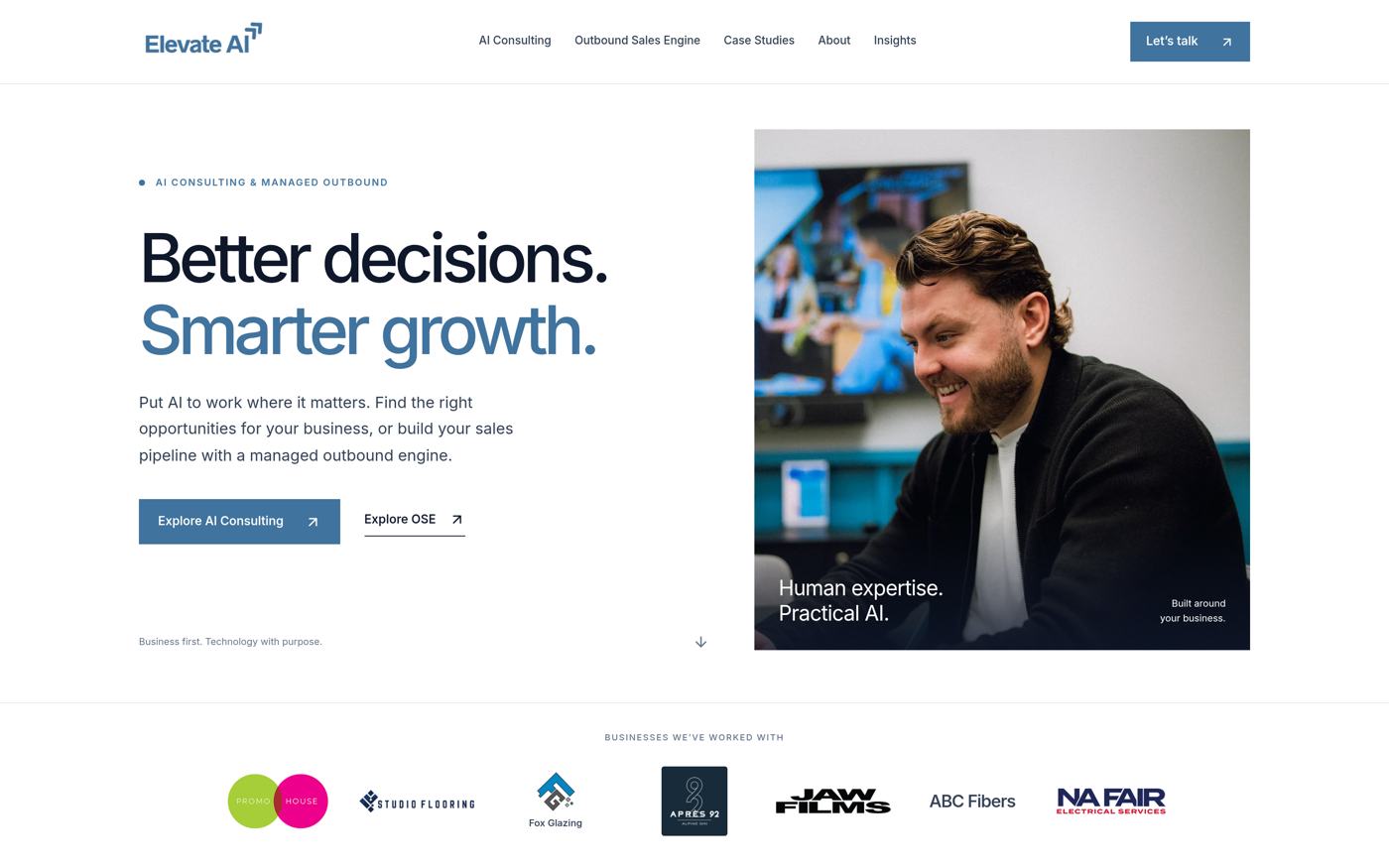 Elevate AI homepage — Better decisions. Smarter growth.