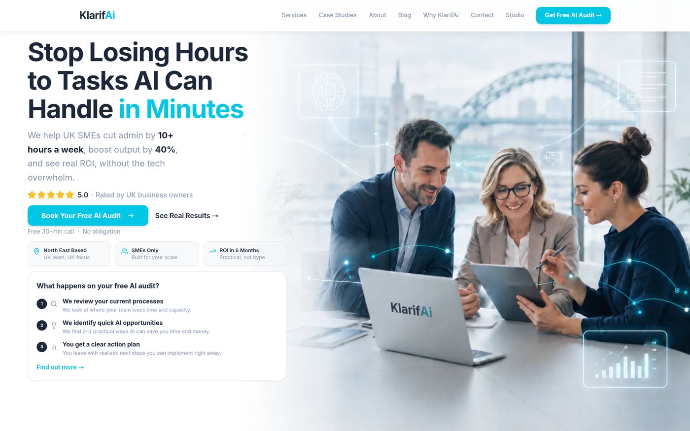 KlarifAi homepage — Stop Losing Hours to Tasks AI Can Handle in Minutes
